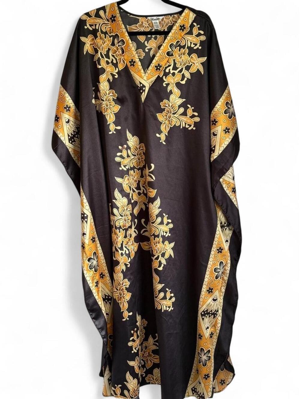 Black Gold Floral Caftan Maxi Dress V Neck Boho Resort One Size